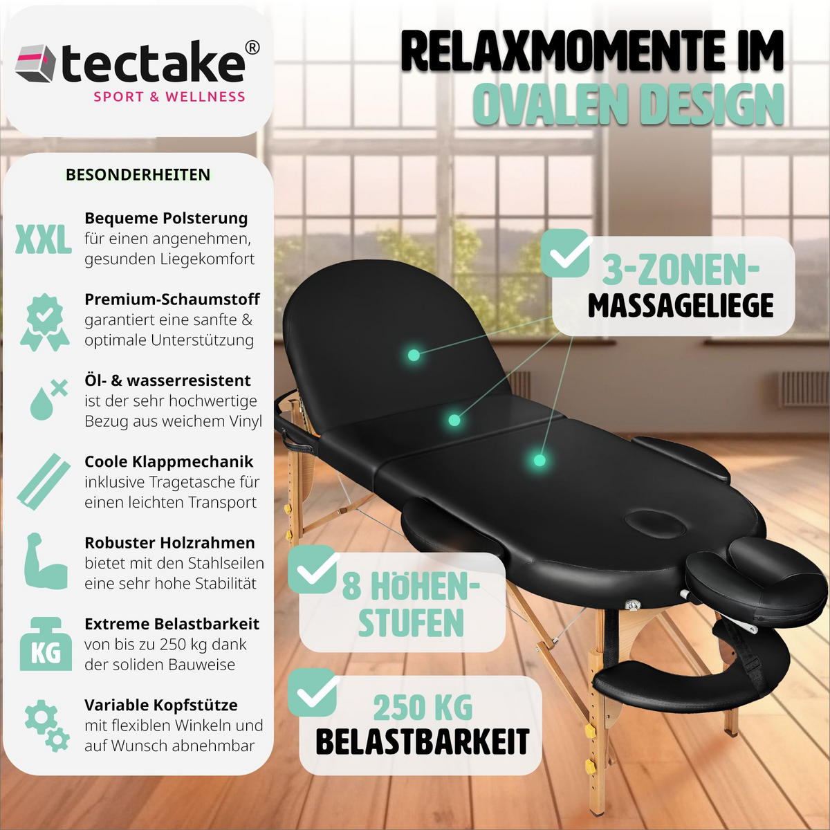 MASSAGELIEGE 3 Zonen Sawsan,230 x 104 x 85 cm,schwarz - Schwarz, Holz (104/85/230cm) - tectake