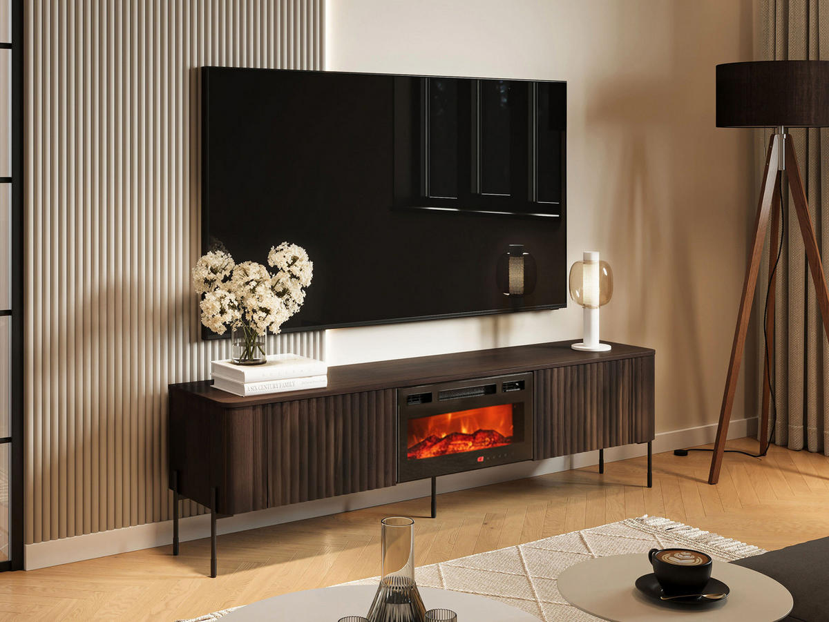 TV-LOWBOARD Vera 190 EF mit Kamin - Eichefarben/Schwarz, Holzwerkstoff/Metall (190/55/40cm) - MIRJAN24