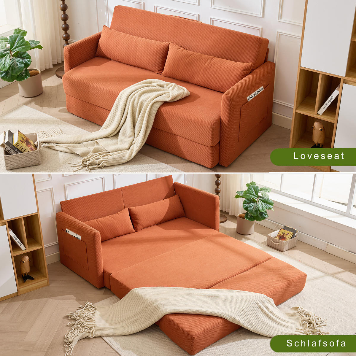 2-SITZER SCHLAFSOFA Cord Orange mit 2 Lendenkissen und 2 Magazintaschen - Orange, Holzwerkstoff/Textil (165/67/212cm) - WISHDOR