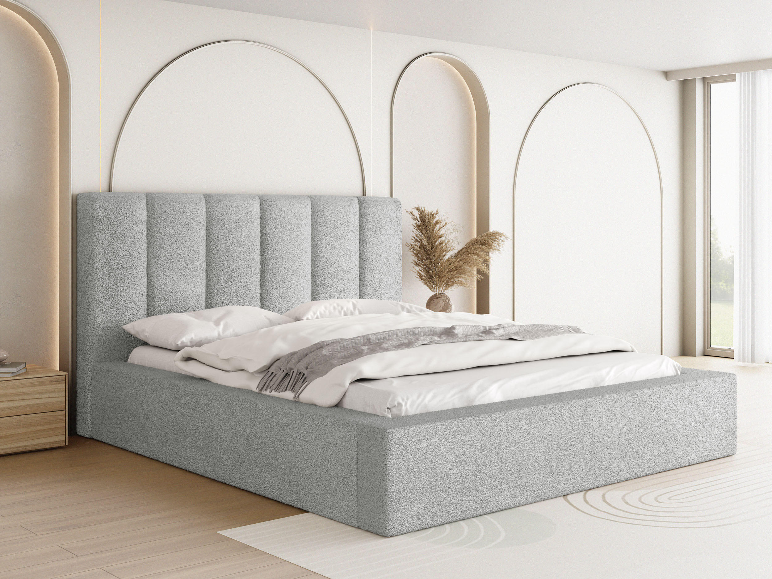 POLSTERBETT Amira mit Bettkasten, Grau Boucle 120x200 cm - Birkefarben/Hellgrau, Holz/Holzwerkstoff (120/200cm) - WFL GROUP