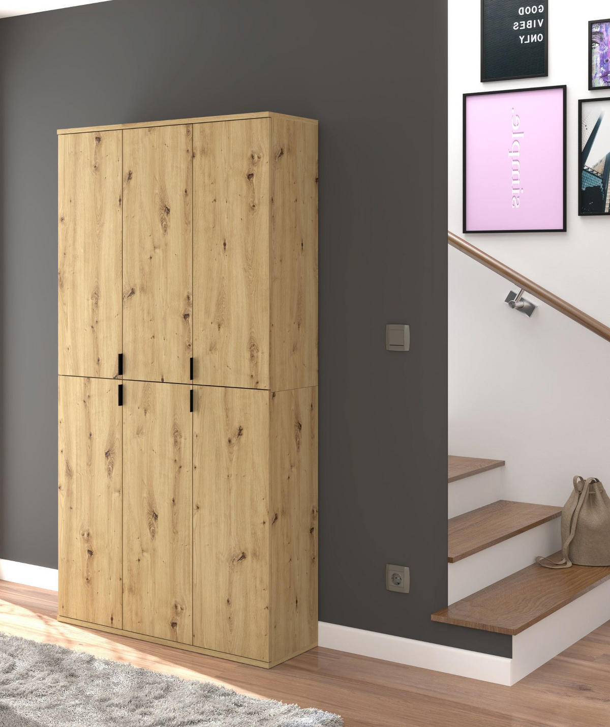 GARDEROBENSCHRANK Eiche Artisan 91 cm, Flurschrank mit flexibler Inneneinteilung - Schwarz/Eiche Artisan, Holzwerkstoff/Metall (91/193/34cm) - Inn.Furn