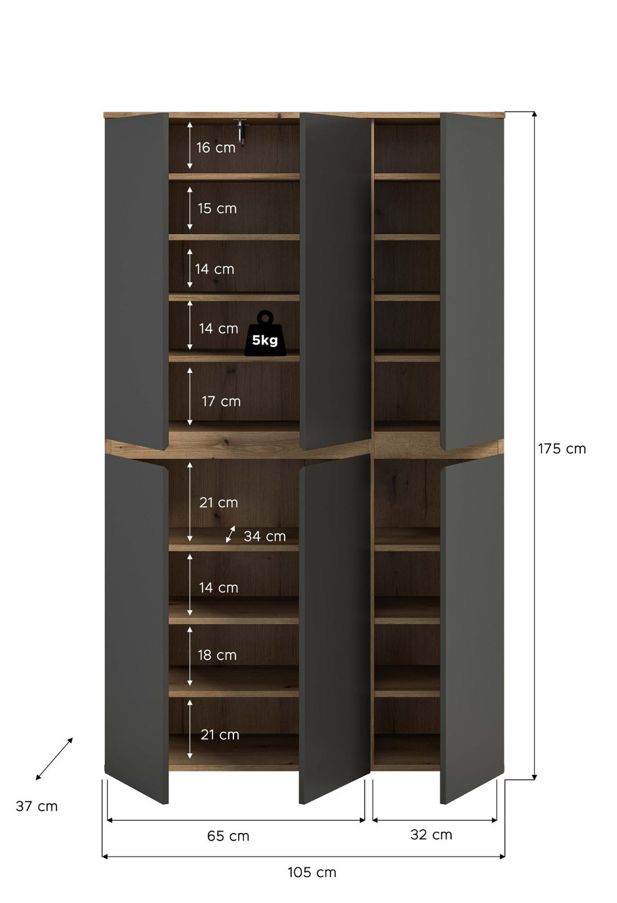 MEHRZWECKSCHRANK grau, Evoke Eiche 105 x 175 cm, Stauraumschrank 6-türig mit 18 Fächern - Eichefarben/Schwarz, Holzwerkstoff/Kunststoff (105/175/37cm) - Inn.Furn