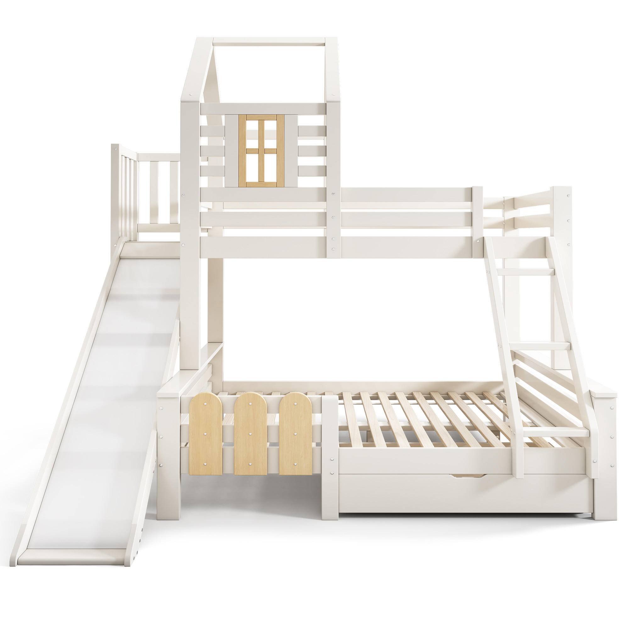 ETAGENBETT Haus 90x200/140x200 Weiß+Natur mit Rutsche und Schublade - Weiß, Holz (90/200cm) - ComfortXL