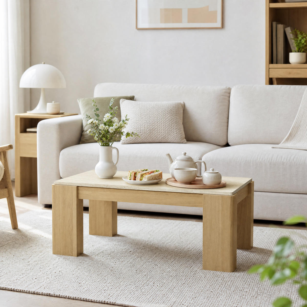 COUCHTISCH Holz mit Marmor Optik & Travertin-Optik, 100 × 54 × 40 cm - Eichefarben, Holzwerkstoff (54/100/40cm) - Hometopia