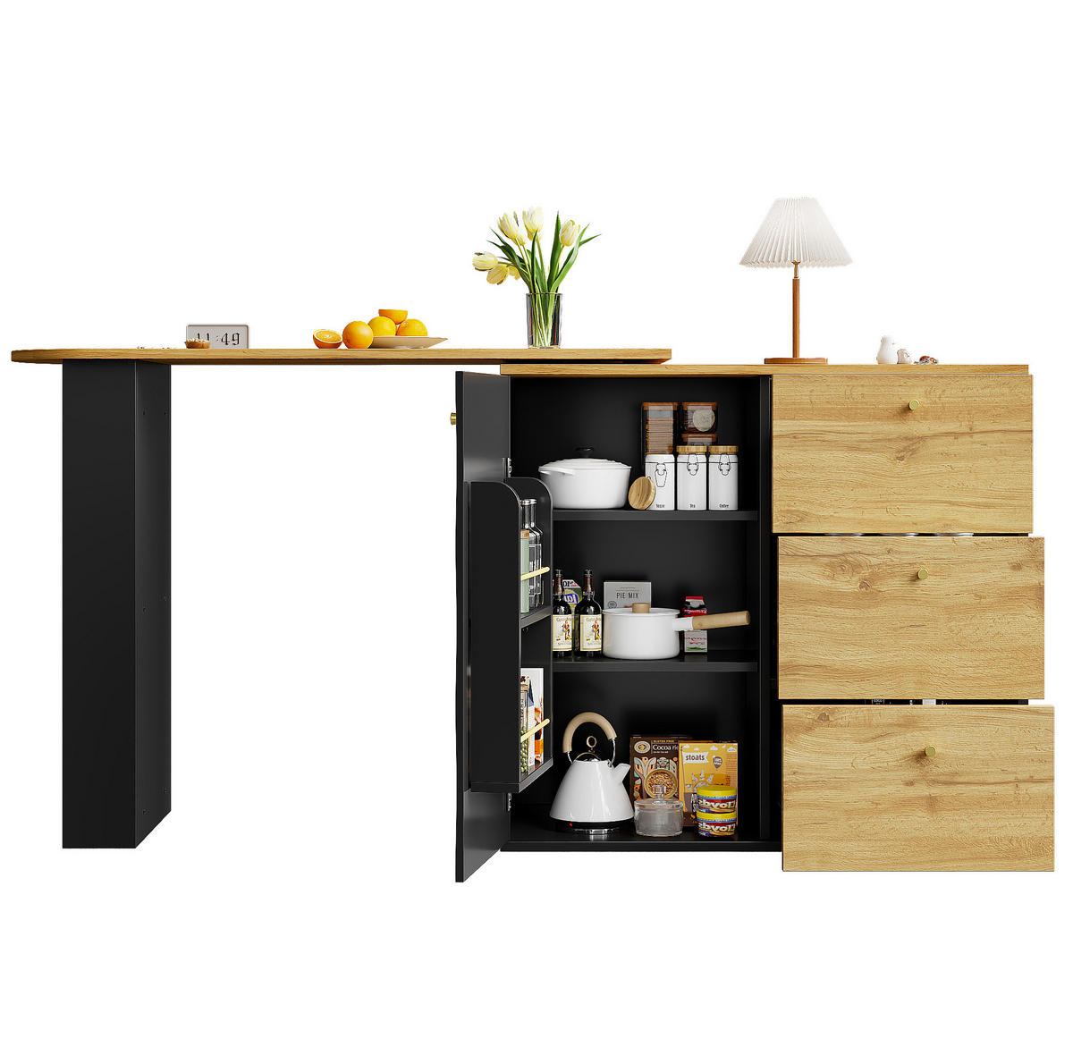 BAROVÝ stůl z MDF 138-204x39x104 cm černý otočný o 360° a výsuvný s úložným prostorem a 3 zásuvkami - černá, kompozitní dřevo (204/104/39cm) - Modfu