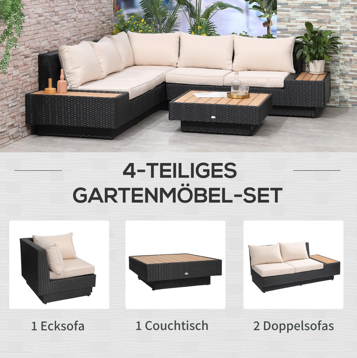 GARTEN-LOUNGE-SET 165/84/73 cm mit Ablagen, Beistelltisch und Sitzkissen aus Polyester, Schwarz - Schwarz, Kunststoff - Redom
