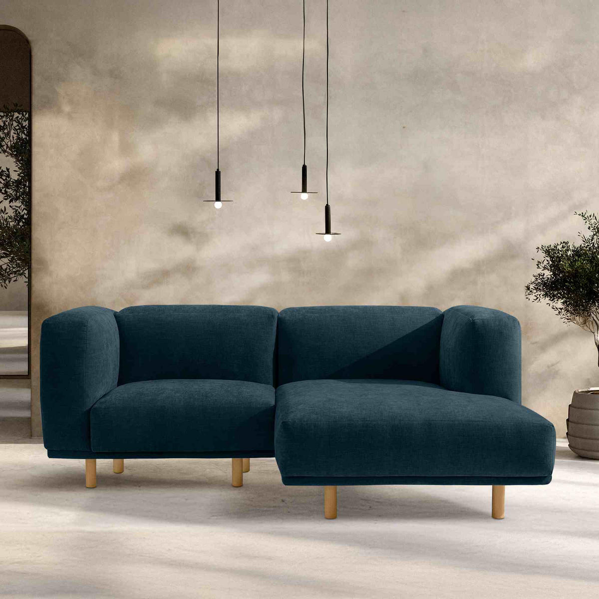 ECKSOFA-RECHTS FOSERO, Chenille-Stoff - Buchefarben/Petrol, Holz/Holzwerkstoff (204/155cm) - KONSIMO®