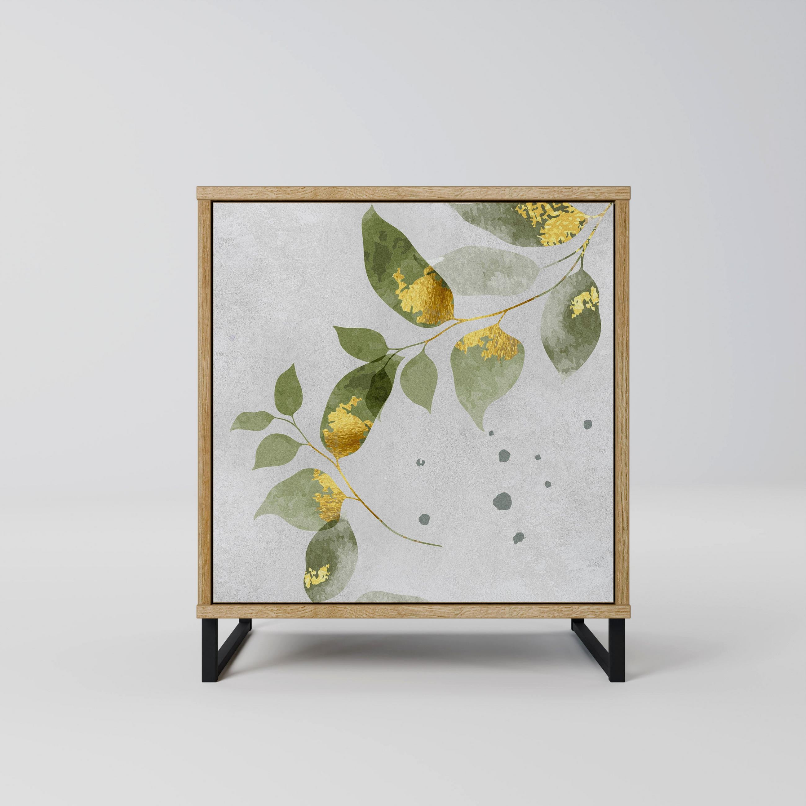 SIDEBOARD ELEGANT BOTANICS, Eichefarben, 57,5x42x67,5 cm, Schwarze Metall-Rahmenfüße - Eichefarben/Multicolor, Holzwerkstoff/Metall (57.5/67.5/42cm) - SpaceRebels