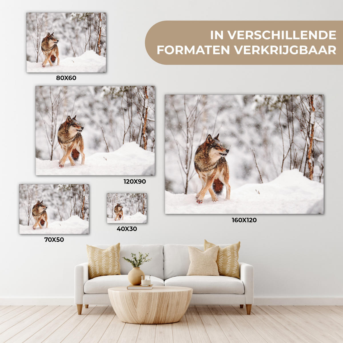 LEINWANDBILD Wolf - Winter - Schnee - Natur - Tiere Wandbild 40x30 cm - Haselnussfarben, Textil (40/30cm) - MuchoWow