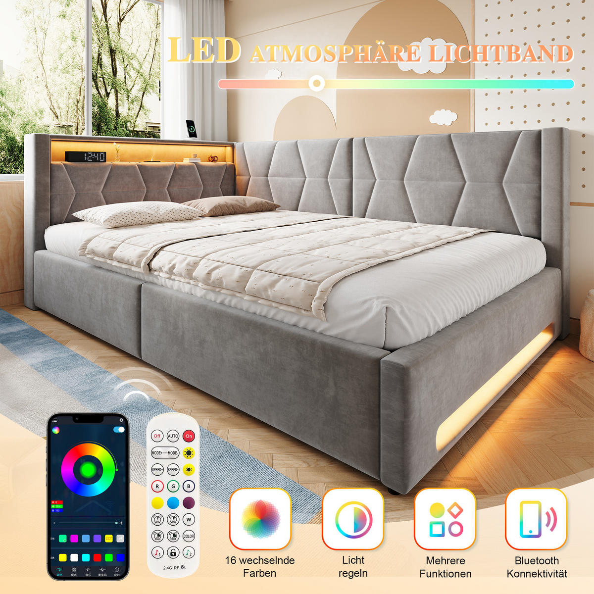 BOXBETT 140/200cm, LED/USB-C, Bettkasten, Lattenrost, Dunkelgrau - Dunkelgrau, Holz/Metall (140/200cm) - LVHOM
