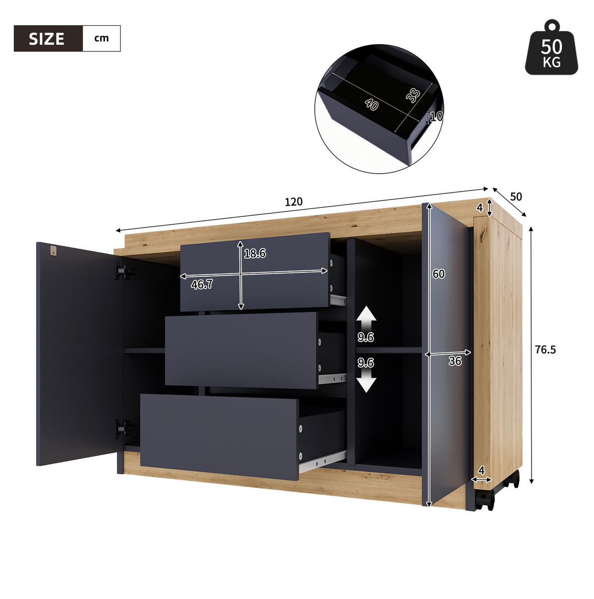 SCHREIBTISCH drehbar klappbar 120 x 50 cm Grau Eicheoptik mit Stauraum - Grau, Holz (120/50/76.5cm) - Meubliv