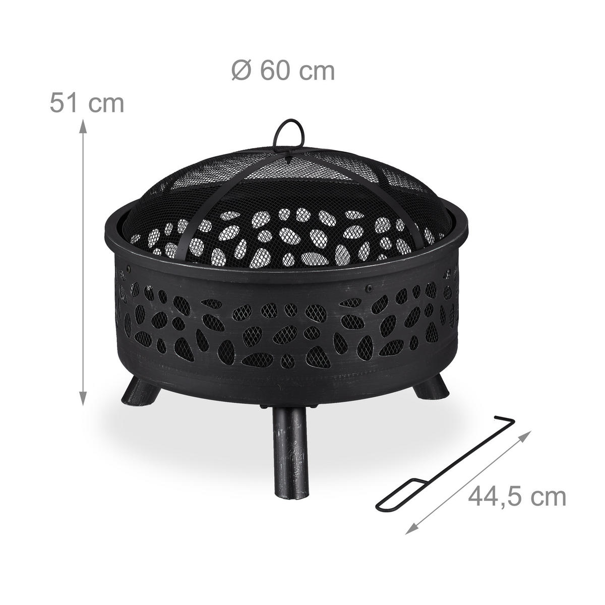FEUERSCHALE Schwarz Silber Stahl mit Grillrost 60 cm - Schwarz, Metall (60/51/60cm) - Relaxdays