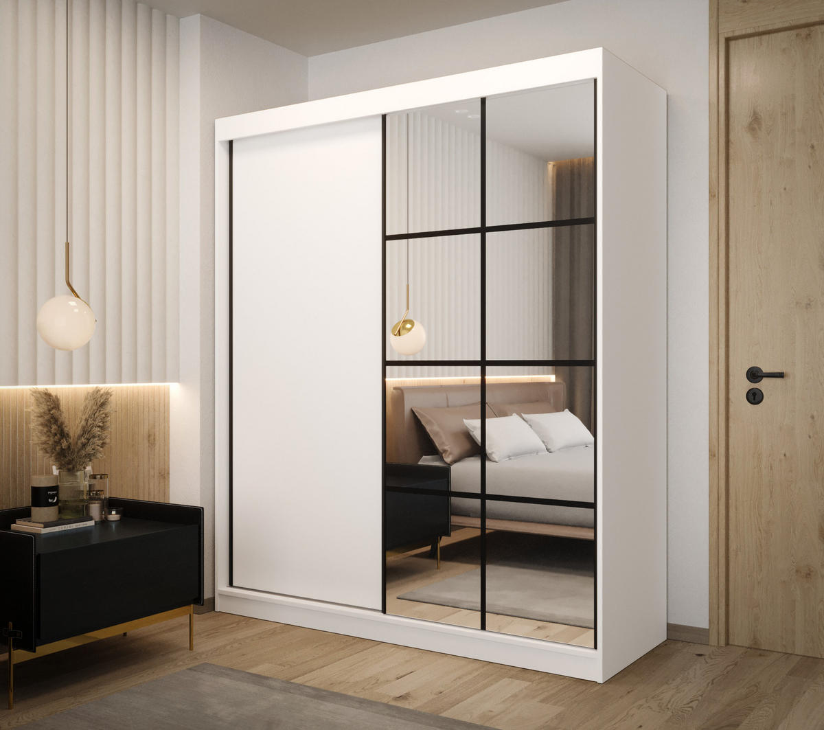 SCHIEBETÜRENSCHRANK MODENA 2 180, 2-türig Kleiderschrank mit 1 Spiegel, Moderne Garderobe, Schrank in Größe: 180 x 216 x 65 cm - Schwarz/Weiß, Holzwerkstoff (180/216/65cm) - O-Sofa