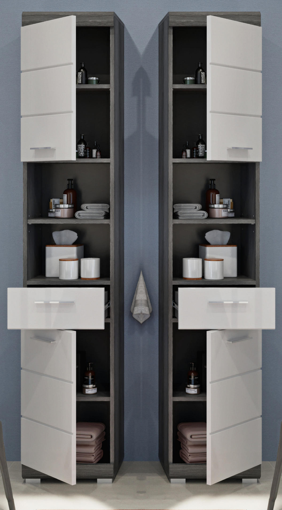 BADMÖBEL-SET weiß Hochglanz, grau 5-teilig 164 cm, Badkombination mit 13 Fächern - Weiß Hochglanz/Grau, Glas/Holzwerkstoff (164/191/34cm) - Inn.Furn