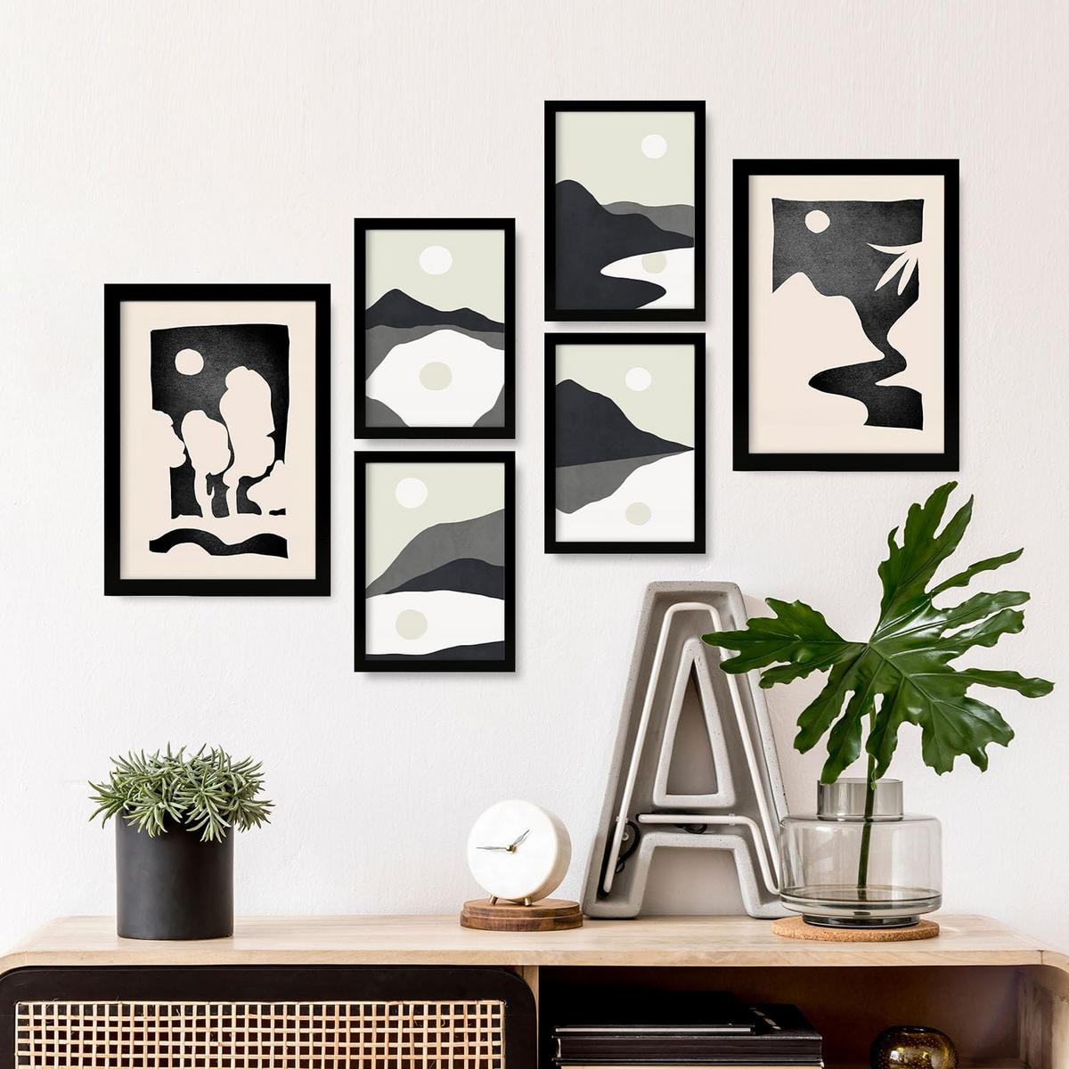 POSTER Set Mit 6 Mitternachtsmond In Kulissen Abstracts Ästhetische Dekorative Gemälde Für Ihr Wohnzimmer Zuhause A3 & A4 Schwarzer Rahmen - Schwarz, Papier (29/3cm) - Nacnic
