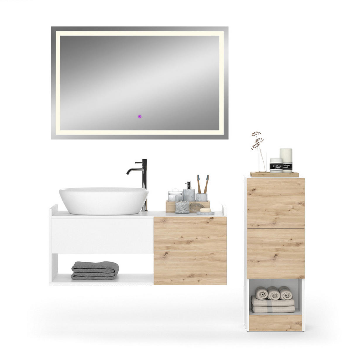 BADMÖBEL-SET Alf Weiß 3 Teile, mit Midischrank - Eichefarben/Weiß, Holzwerkstoff (105/45/43cm) - Vicco