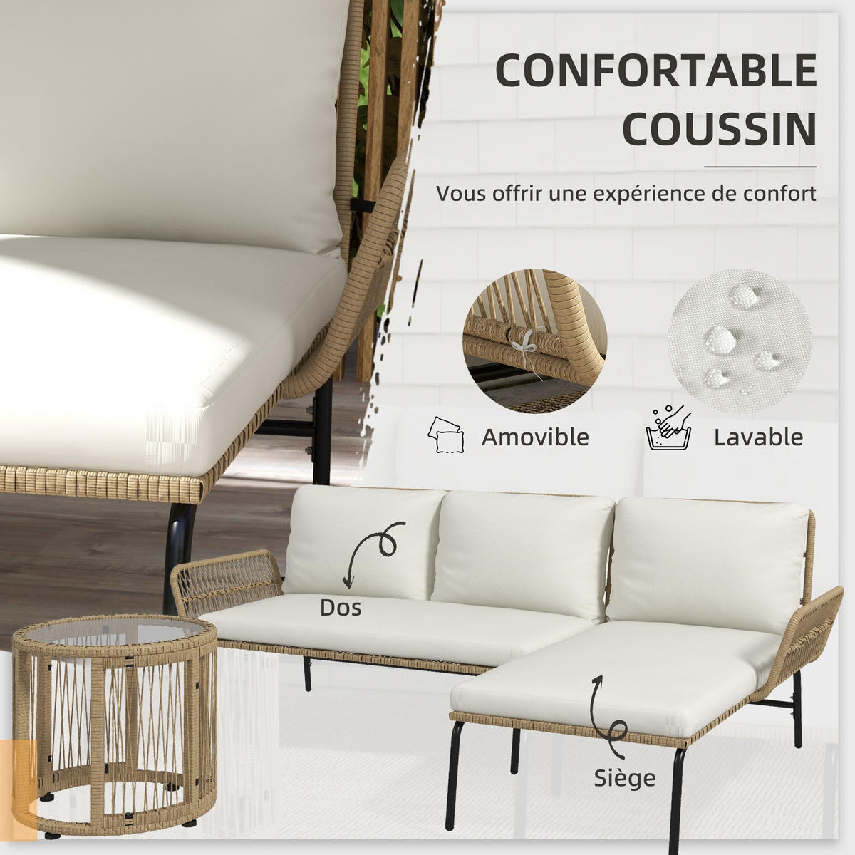 GARTENLOUNGE DE-13726 mit Liege & Glastisch Creme - Creme, Metall - ComfortXL