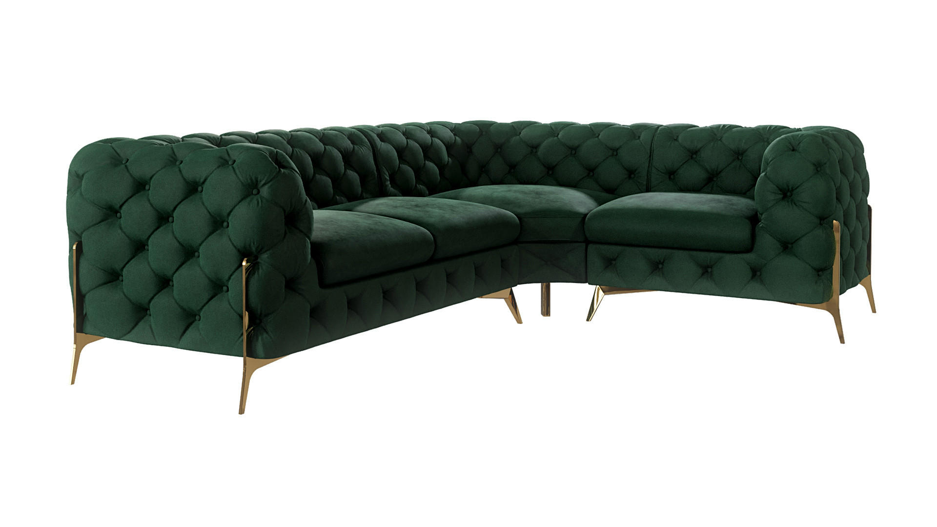 S-Style CHESTERFIELD ROHOVÁ SEDAČKA Lexi v lahvově zelené se zlatými nohami - otomán vpravo