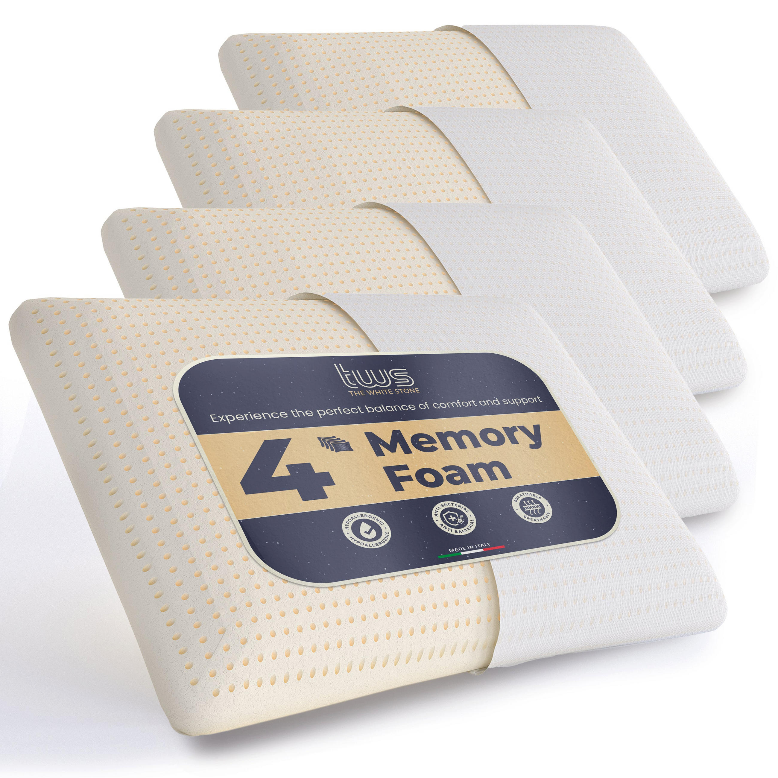 4ER Set Kissen aus Viscoelastischem Schaum 40 x 70 cm | Höhe 11 cm | Halskissen Hypoallergen, Ergonomisch und Atmungsaktiv - Weiß, Textil (40/70cm) - The White Stone