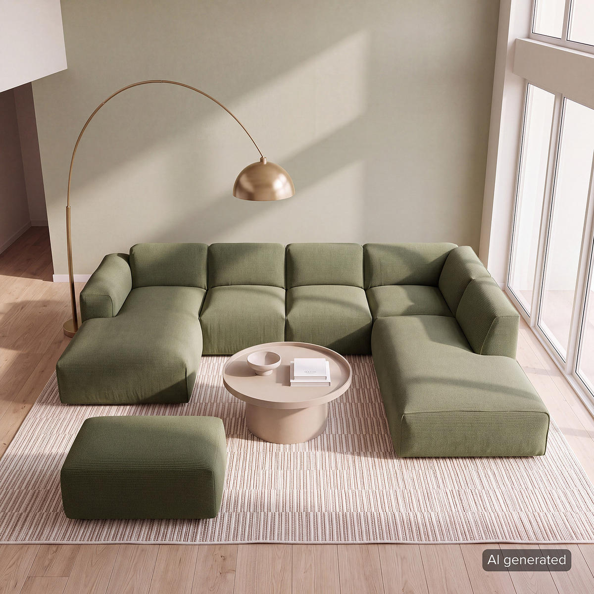 WOHNLANDSCHAFT mit Longchair - Dunkelgrün/Schwarz, Kunststoff/Textil (325/71/235cm) - home24