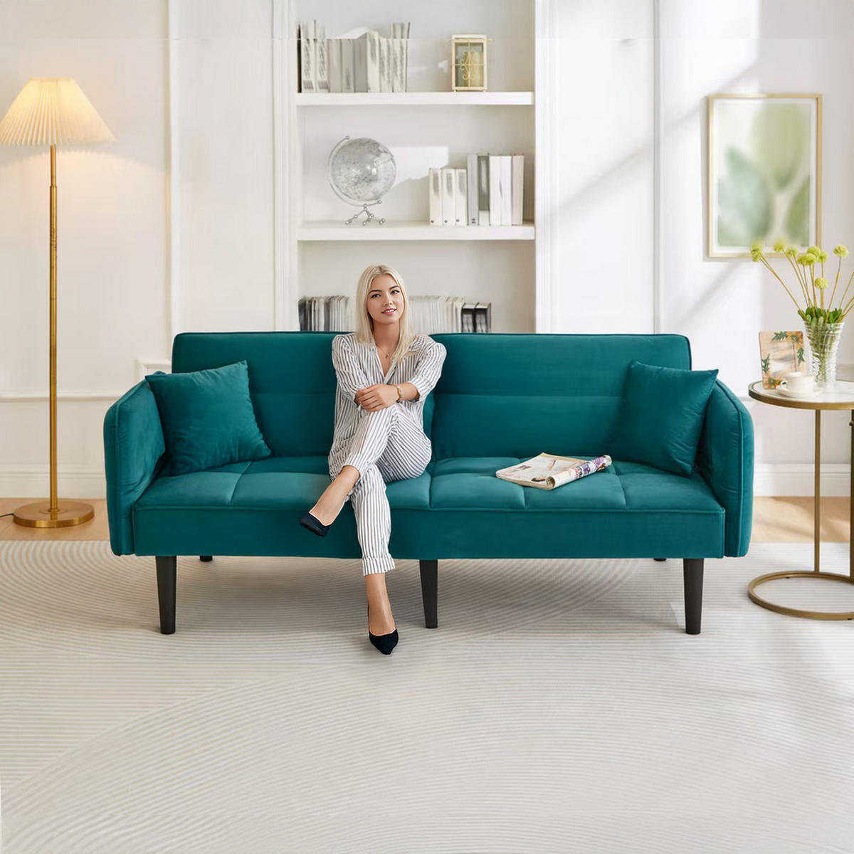 SOFA 2in1 Verstellbar Schlaffunktion Samtbezug Klappbare Armlehnen Kleinraum - Grün, Holz (92.08/19.05/80.01cm) - FLIEKS