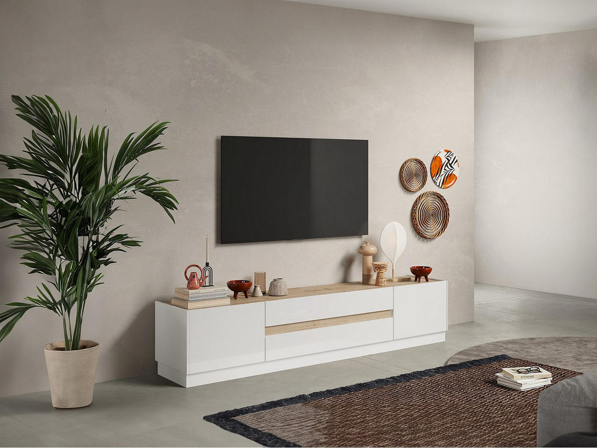 TV-MÖBEL - 2 Türen & 2 Schubladen - Weiß lackiert und Holzfarben - EMORA - Naturfarben, Holz (39.8/43.2/204.7cm) - Vente-Unique