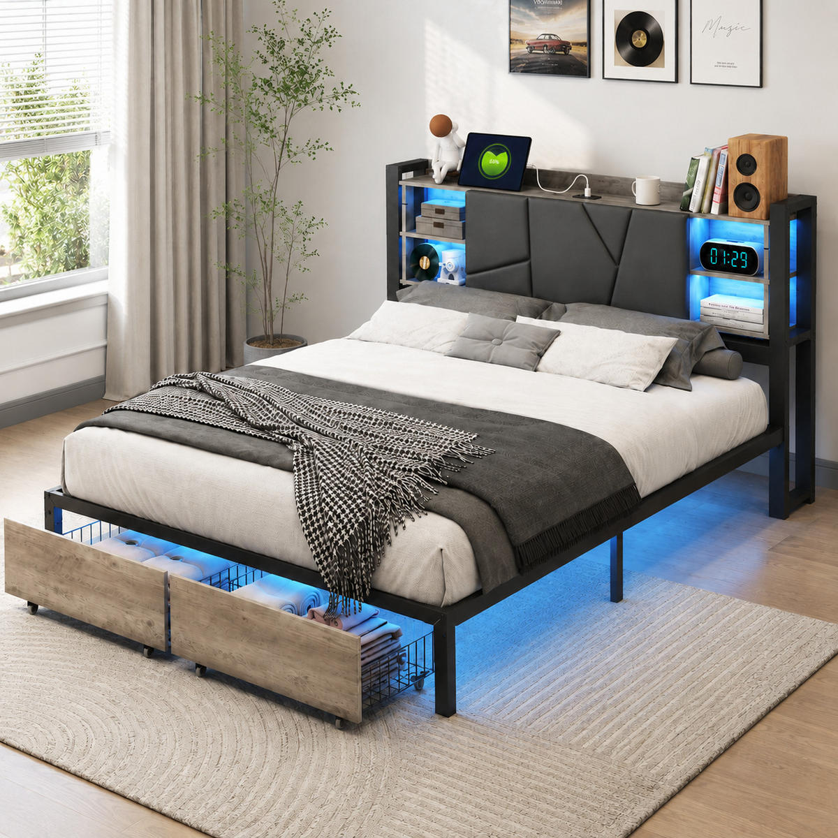 STAURAUMBETT 140/200 cm mit LED & USB-Kopfteil und Schubladen, modernes Metallbett - Schwarz, Holz/Metall (140/200cm) - Joyfair