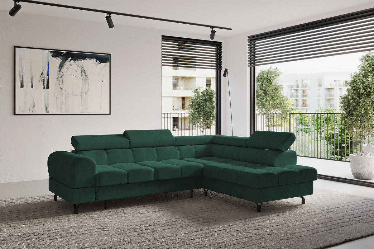 ECKSOFA mit Schlaffunktion Ottomane Rechts LUMA-L 272x203x70 Grün Velours - Waldgrün/Schwarz, Holzwerkstoff/Kunststoff (203/272cm) - ALTDECOR