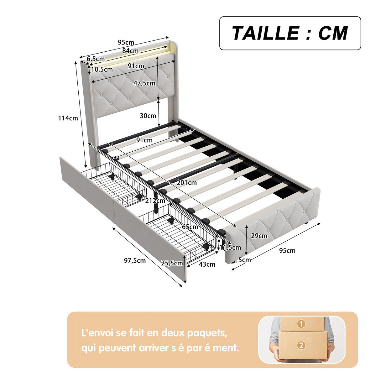 POLSTERBETT 90x200 cm mit LED und USB-Anschluss, 2 Schubladen de Stauraum, Bettgestell aus Leinen, Inklusive Lattenrost - Beige - Beige, Holzwerkstoff (90/200cm) - Brevoria