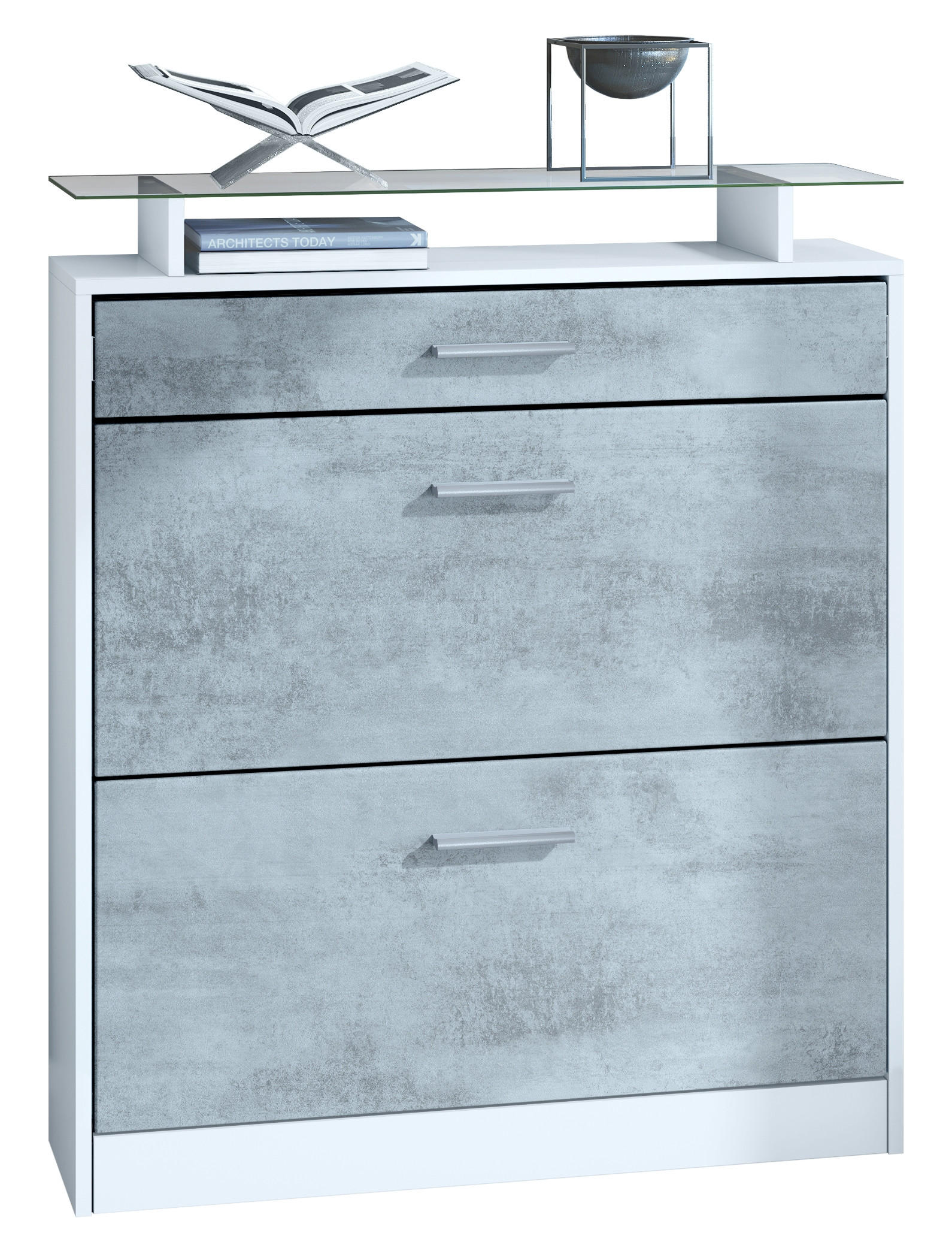 SCHUHSCHRANK Loret Front in Beton Oxid Optik - Hellgrau, Holzwerkstoff (89/104/23cm) - Vladon
