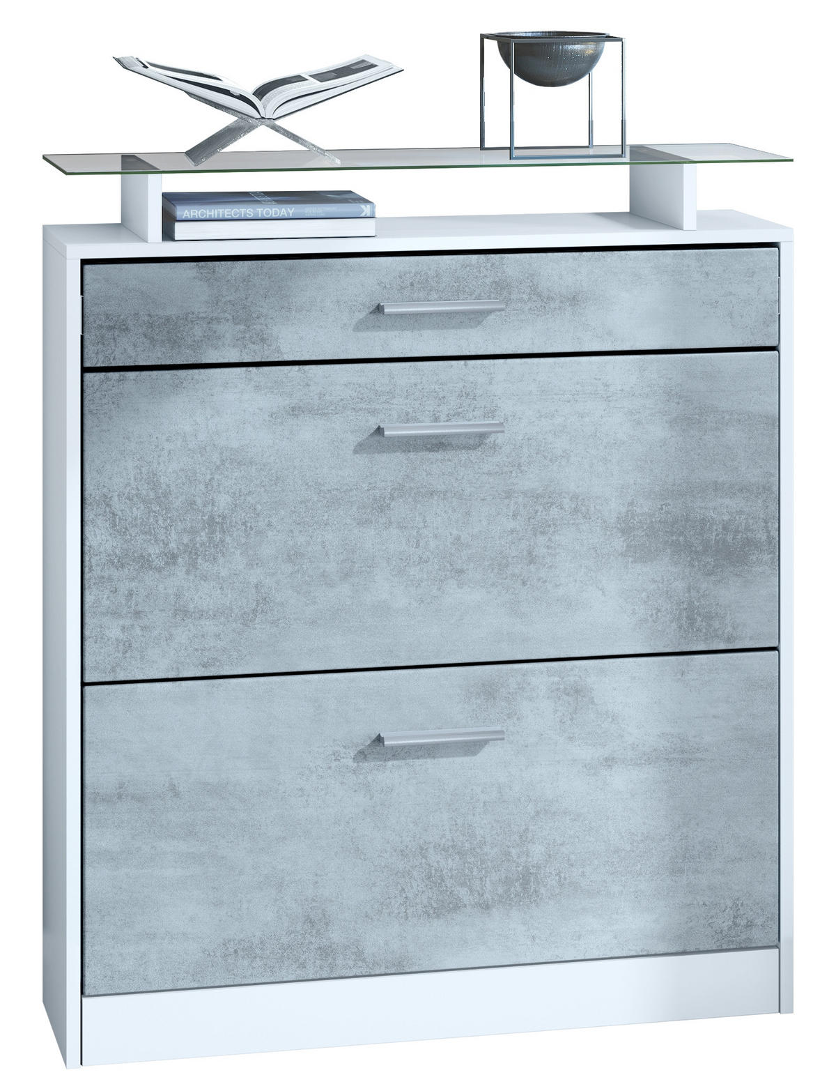 SCHUHSCHRANK Loret Front in Beton Oxid Optik - Hellgrau, Holzwerkstoff (89/104/23cm) - Vladon