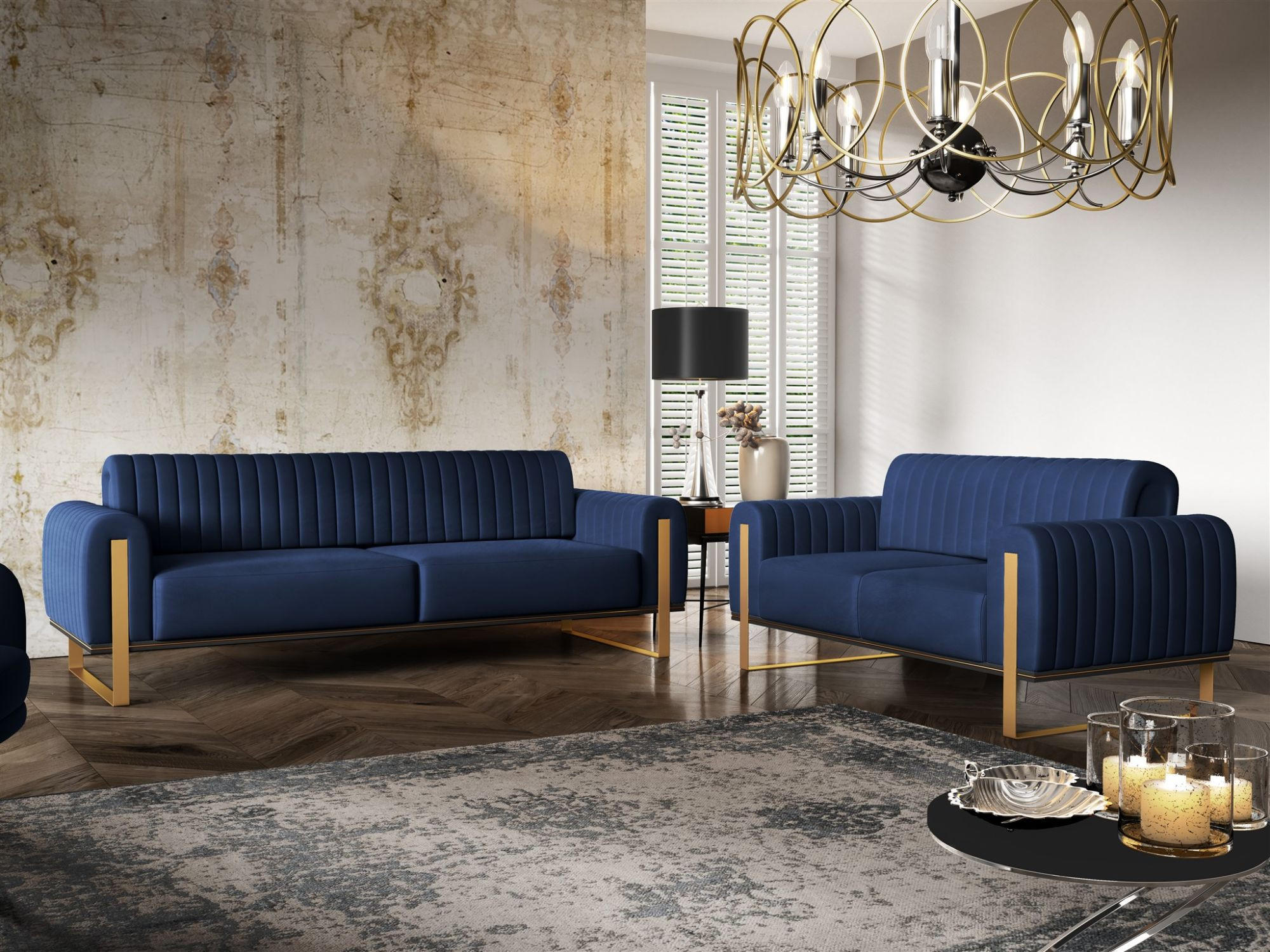 SOFASET Valerie 3-2 - Dunkelblau, Holzwerkstoff/Textil (228/79/90cm) - Fun Möbel