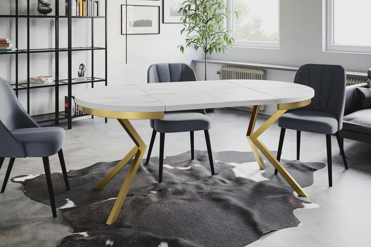 ESSZIMMERTISCH BERGO, ausziehbarer Tisch 100 cm/180 cm, Farbe: Marmur, mit Metallbeinen in Farbe Gold - Goldfarben/Hellgrau, Holzwerkstoff (100/100/76cm) - Alpi-Möbel