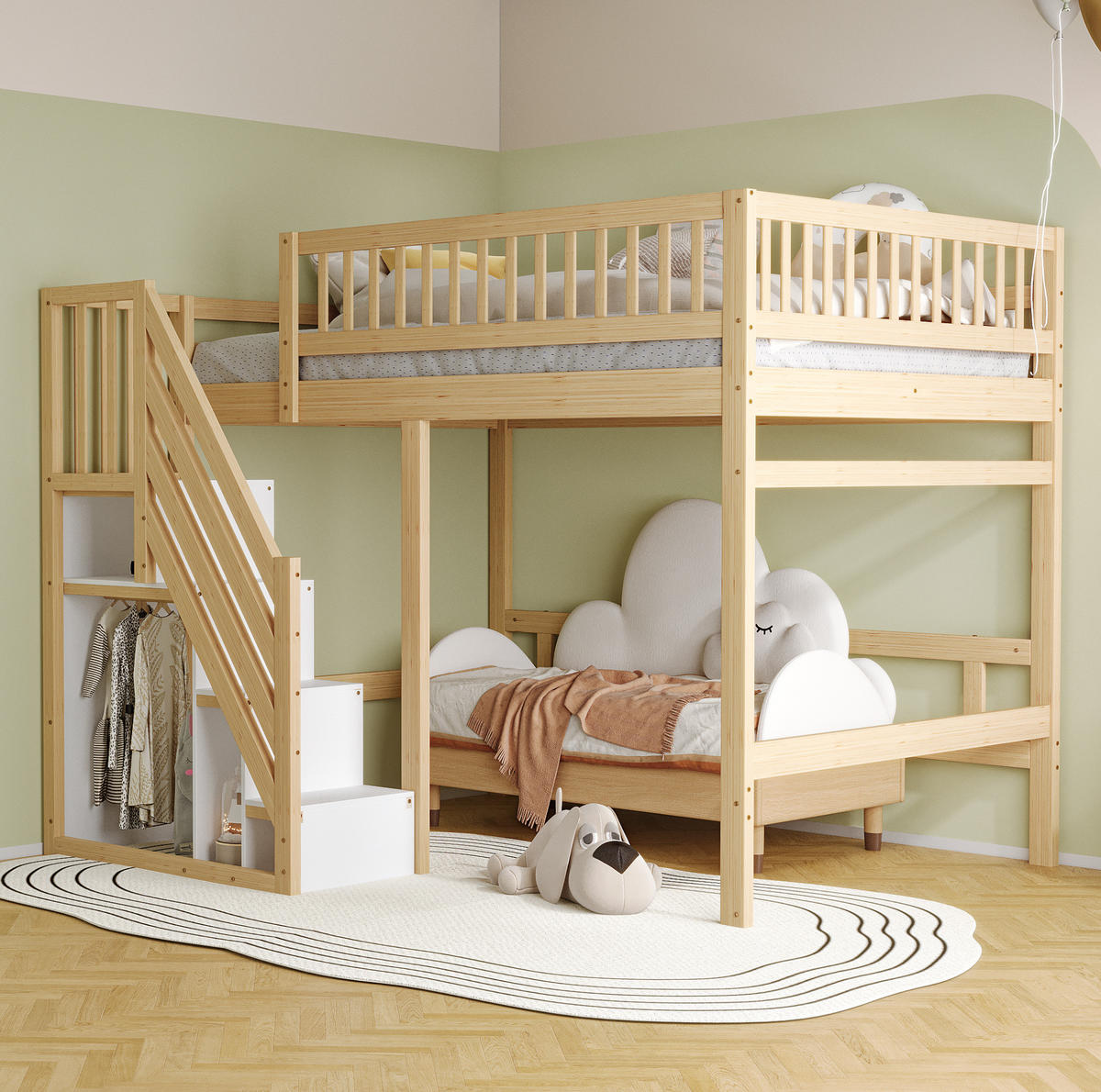 HOCHBETT 140/200 cm Natur Holz mit Stauraumtreppe ohne Matratze - Naturfarben, Holz (140/200cm) - MIVRAY