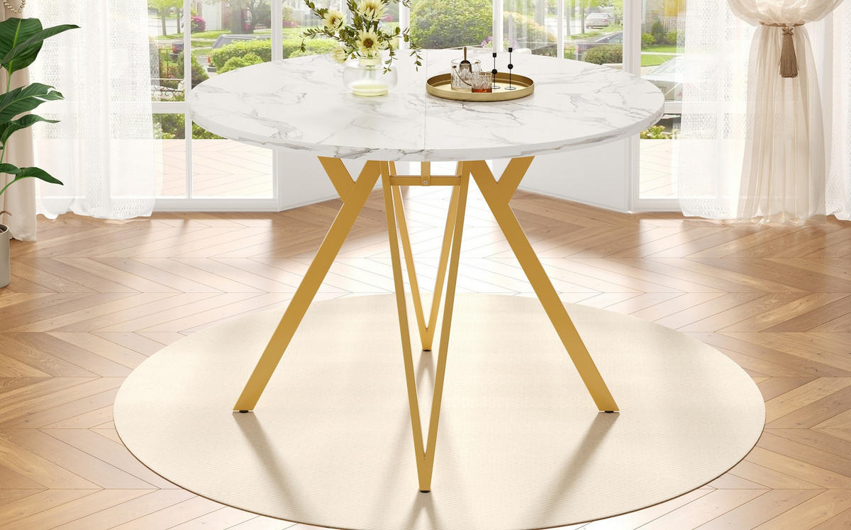 ESSTISCH rund 100/100/76 cm in Gold mit MDF-Tischplatte in Marmoroptik - Goldfarben, Holzwerkstoff (100/100/76cm) - Flora Grace