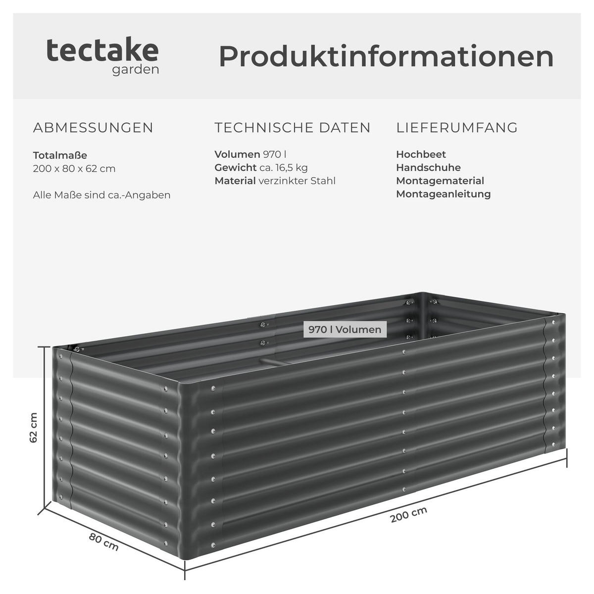 HOCHBEET Blomma, mit offenem Boden und abgerundeten Kanten, anthrazit - Anthrazit, Metall (80/62/200cm) - tectake