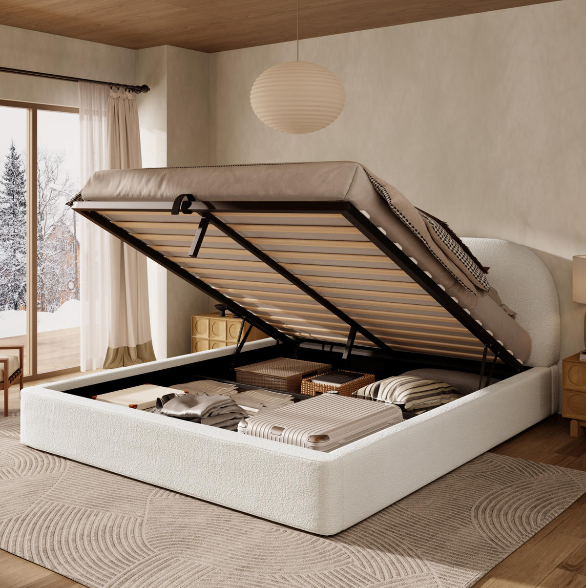BETT mit Stauraum und Lattenrost 180 x 200 cm Bouclé Beige - Beige, Metall (180/200cm) - Meubliv