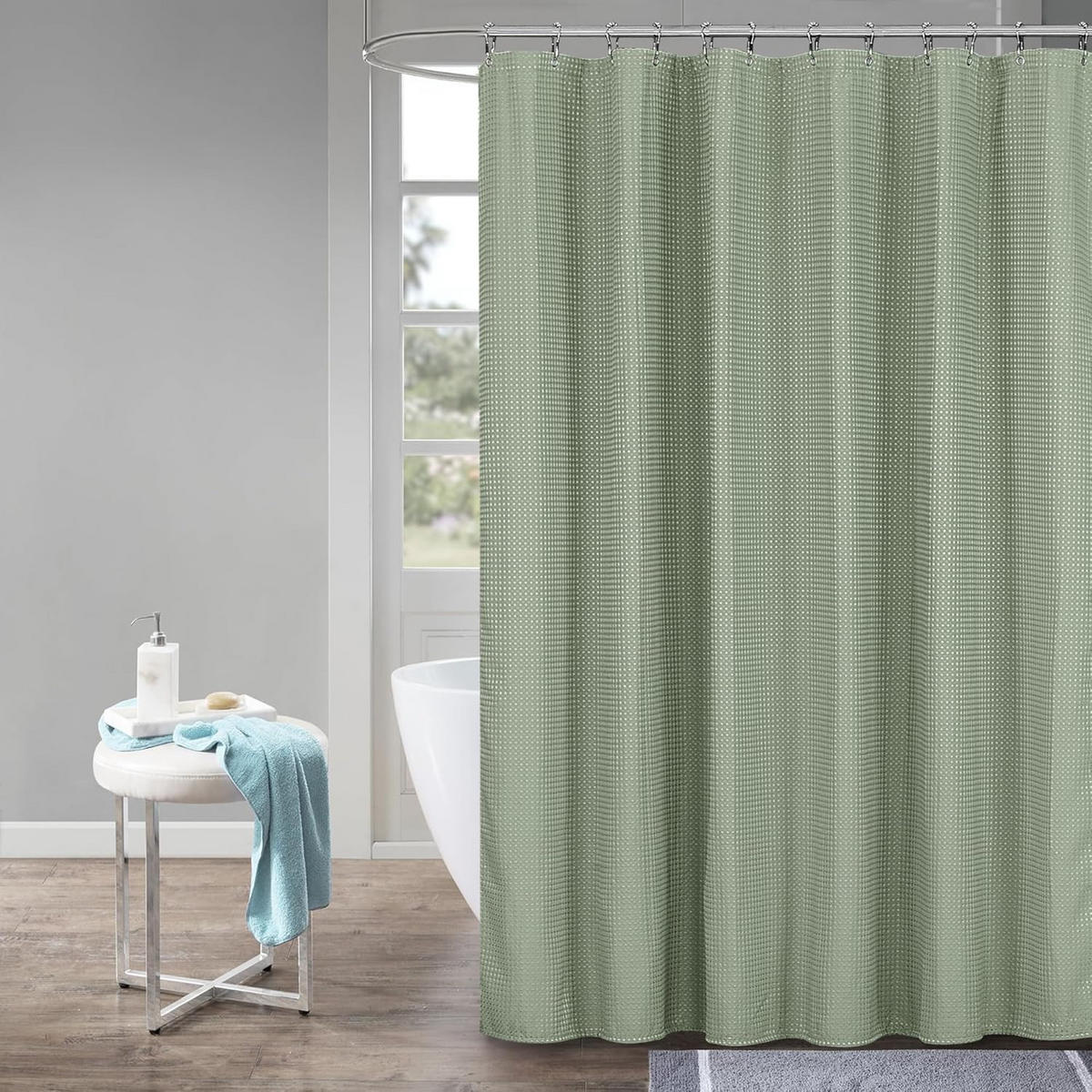 DUSCHVORHANG Waffelstruktur Stoff Polyester maschinenwaschbar mit Haken wasserdicht Grün - Grün, Textil (182/182cm) - MCBOSON