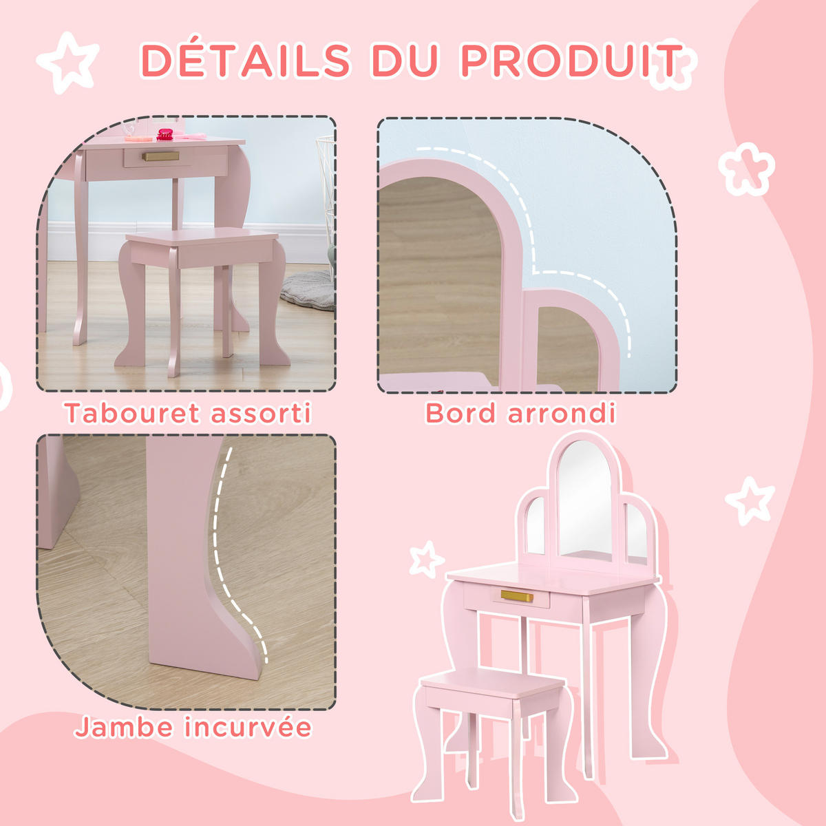 KINDERSCHMINKTISCH DE-18629 3 Spiegel, Schublade & Hocker Pink - Pink, Holzwerkstoff (32/85/52cm) - ComfortXL