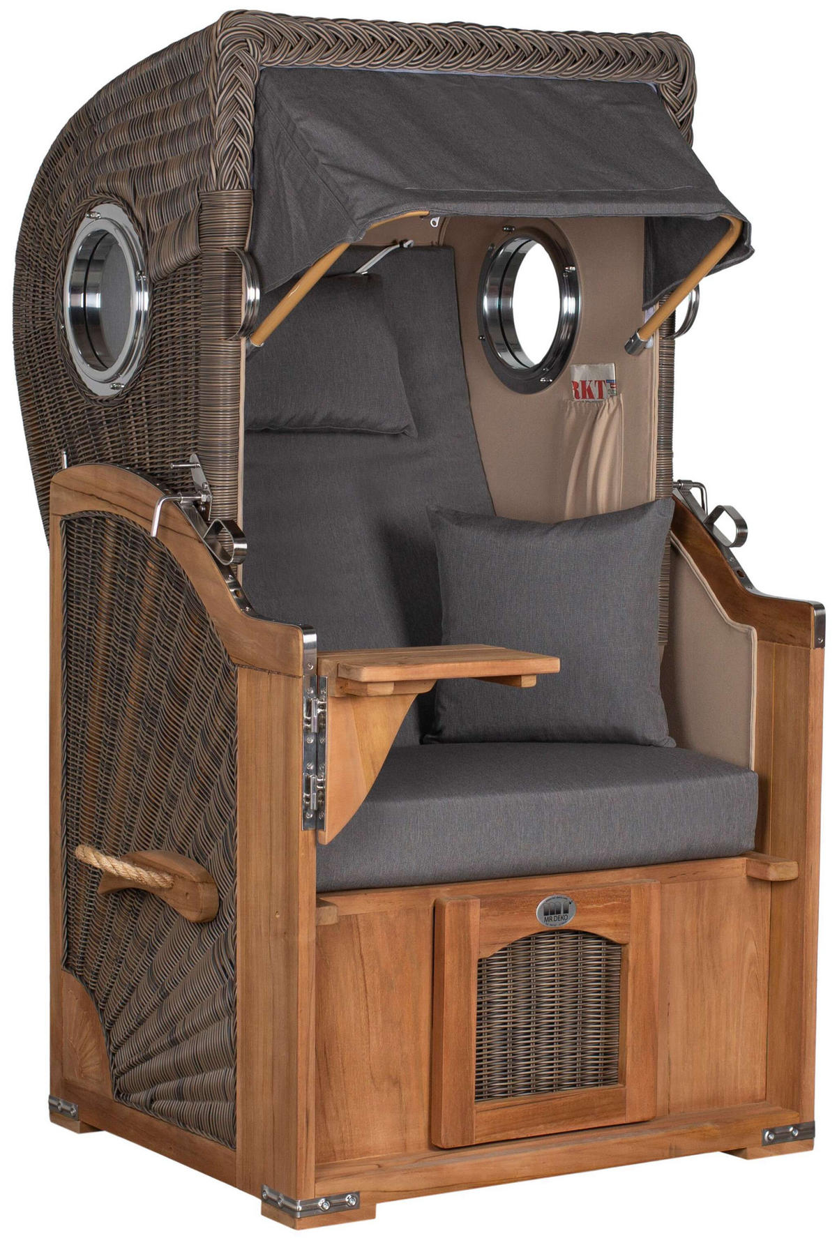 STRANDKORB Düne Single Teak 1-Sitzer - Braun/Grau, Holz/Textil (96/165/80cm) - Mr. Deko