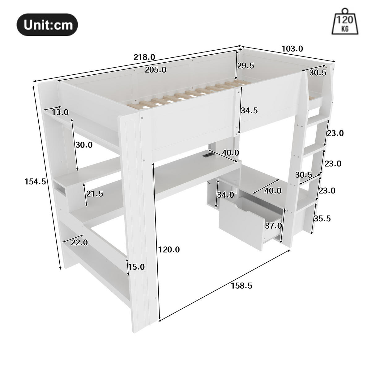 HOCHBETT 90/200 cm in Weiß mit Schreibtisch, Stauraum und LED-Beleuchtung - Weiß, Holz (90/200cm) - Flora Grace