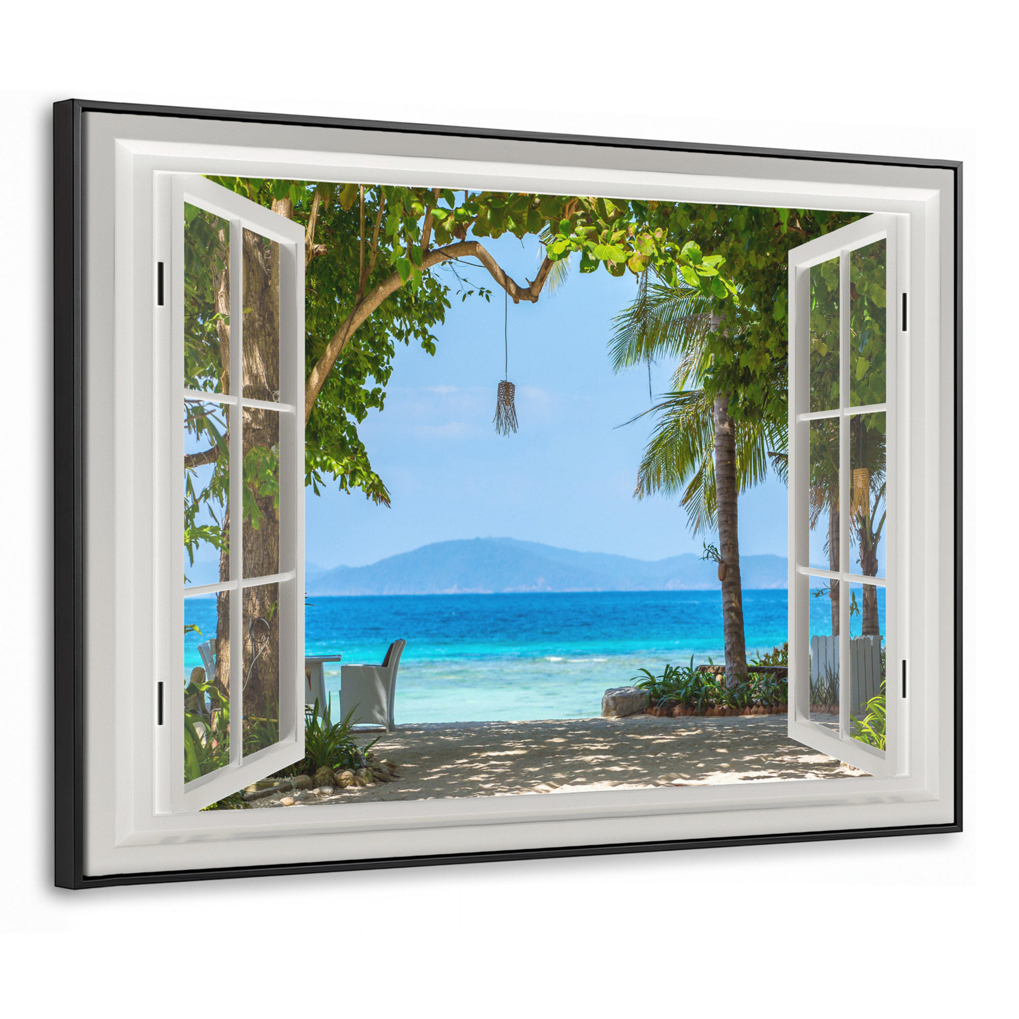 LEINWAND Bilder mit Rahmen - Aussicht - Baum - Meer - Palme - Hügel - Strand - Blau - 80x60 - Blau, Textil (80/60cm) - MuchoWow
