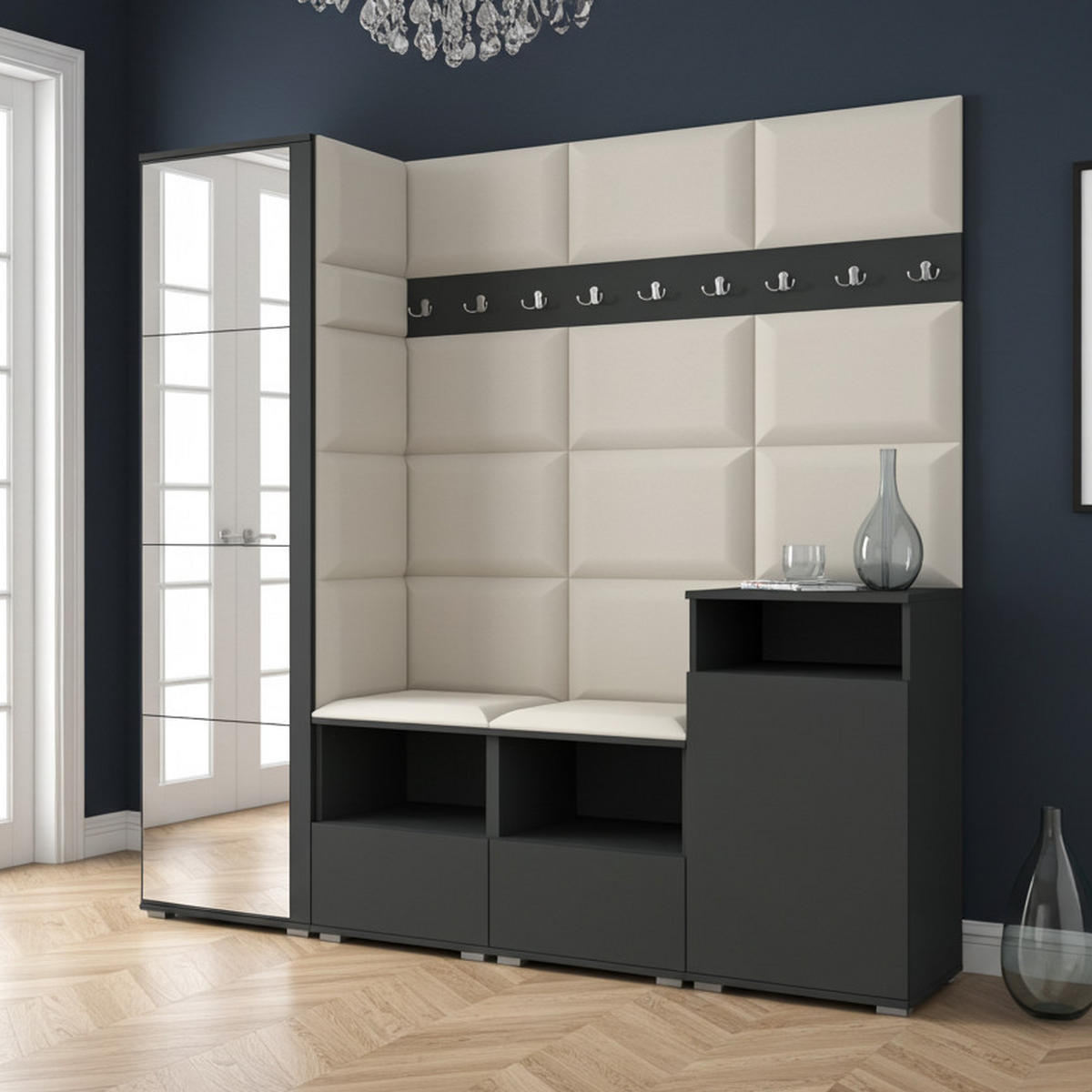 GARDEROBE NELA X 200 cm (Modulare Flurmöbel Graphit mit Spiegel & Sitzpolster Creme 01 Schrank + Sideboard) - Silberfarben/Creme, Holz/Holzwerkstoff (200/187/40cm) - Ravio