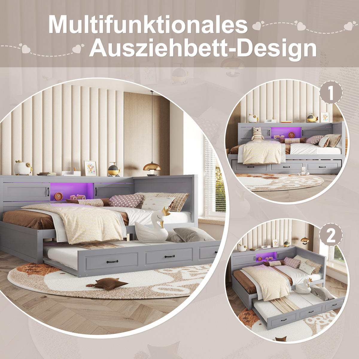 SCHLAFSOFA 140x200 LED Ausziehbar USB Stauraum Grau - Grau, Holz - FLIEKS