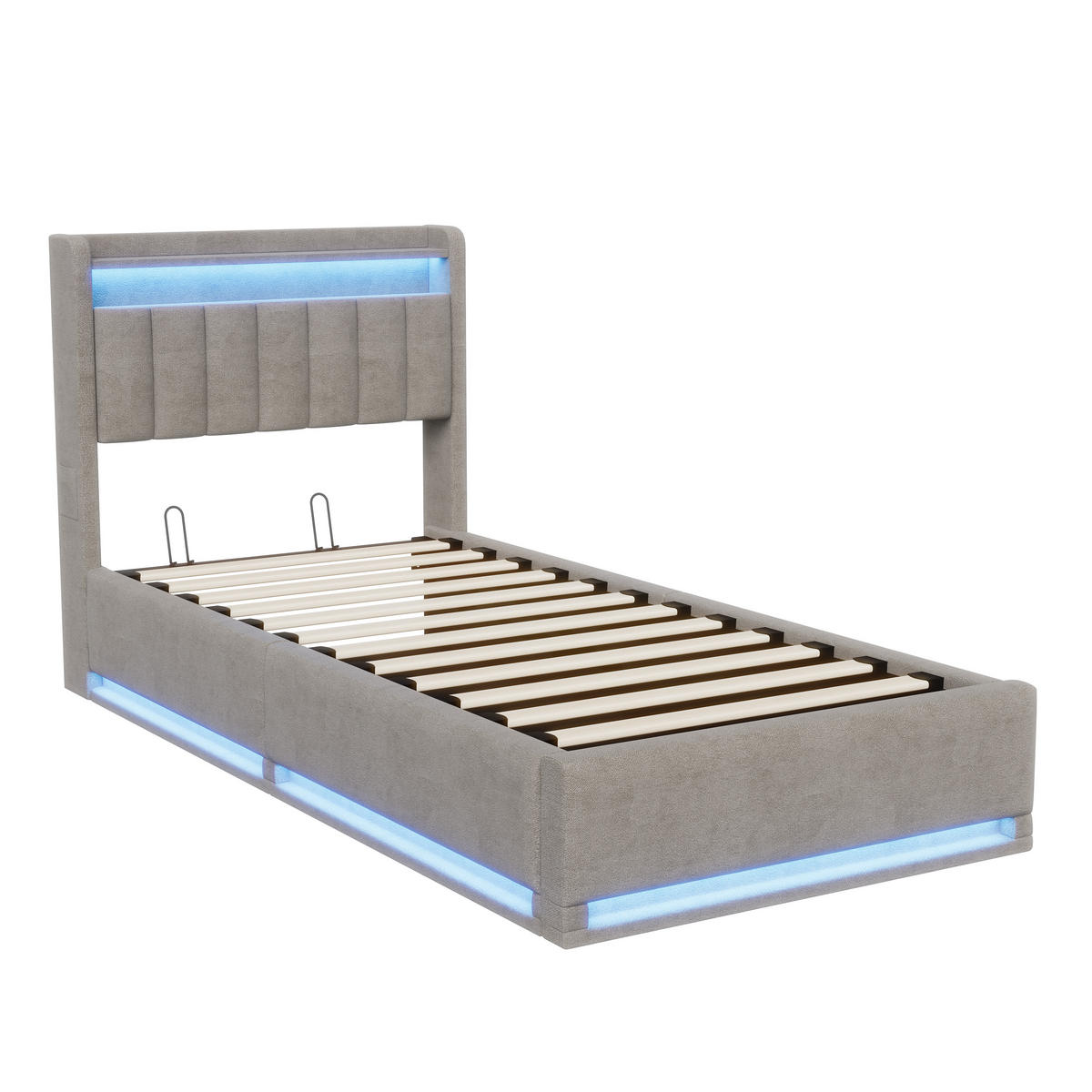 STAURAUMBETT 90x200 cm Einzelbett, LED und USB, Kopfteil mit Stauraum, Samtstoff in Grau - Grau, Holz (90/200cm) - BRILVERDE