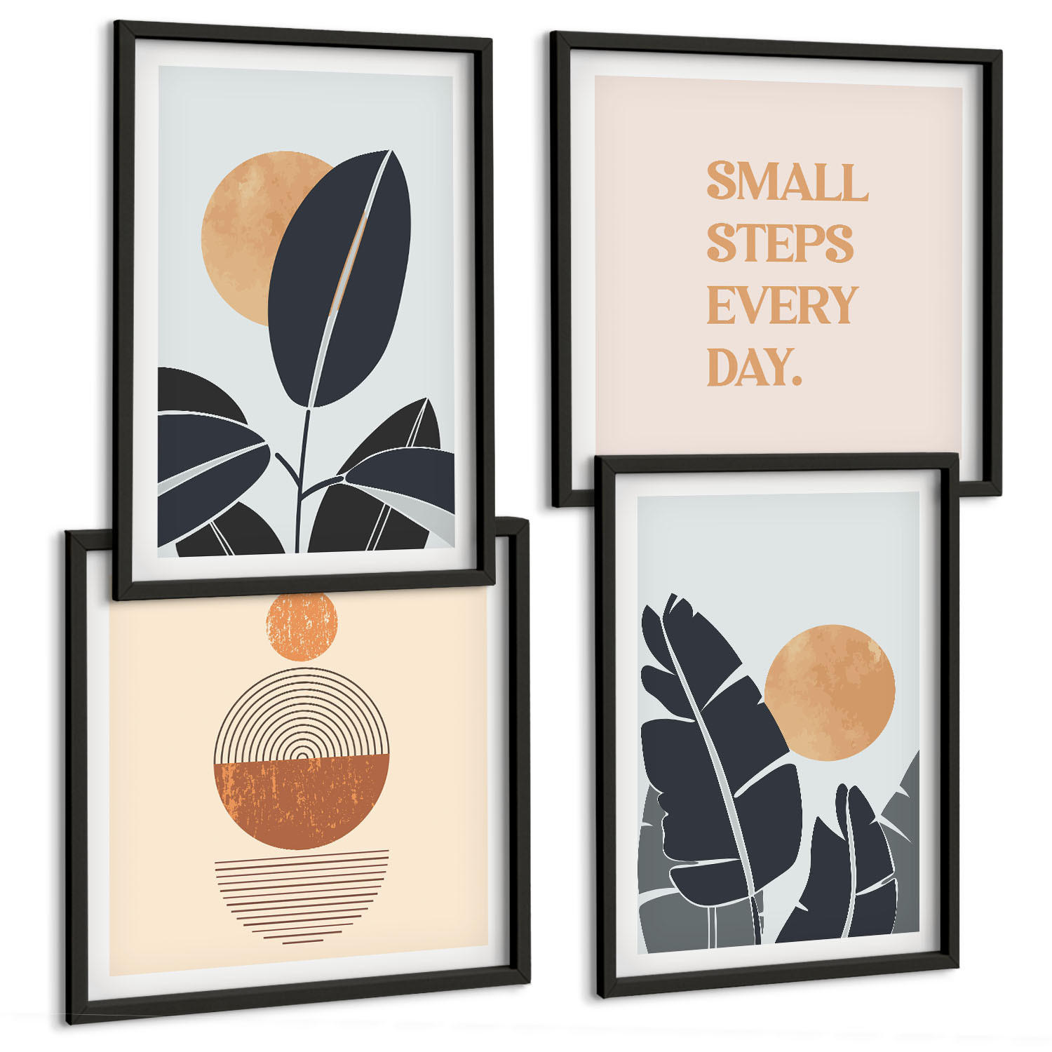 BILDER SET 4er Set - 50x50 cm & 40x60 cm Schwarzer Rahmen - Pflanzenmuster große minimalistische Sonnen - Schwarz, Kunststoff (50/50cm) - TULUP