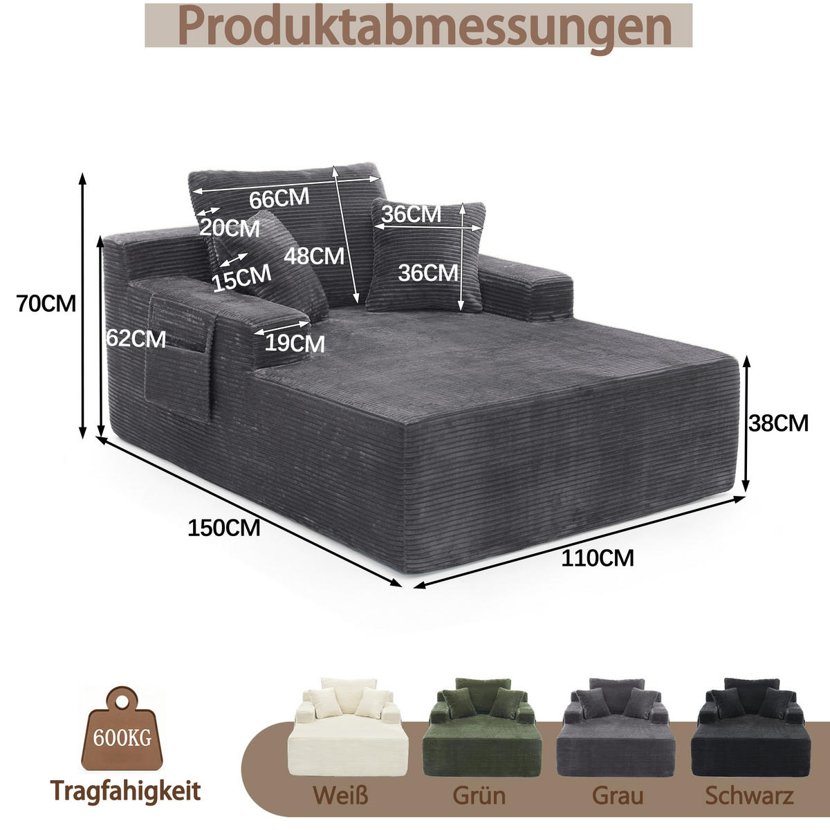 SCHLAFSOFA DE-34580 mit Seitentaschen Dunkelgrau - Dunkelgrau, Textil (70/150/110cm) - ComfortXL