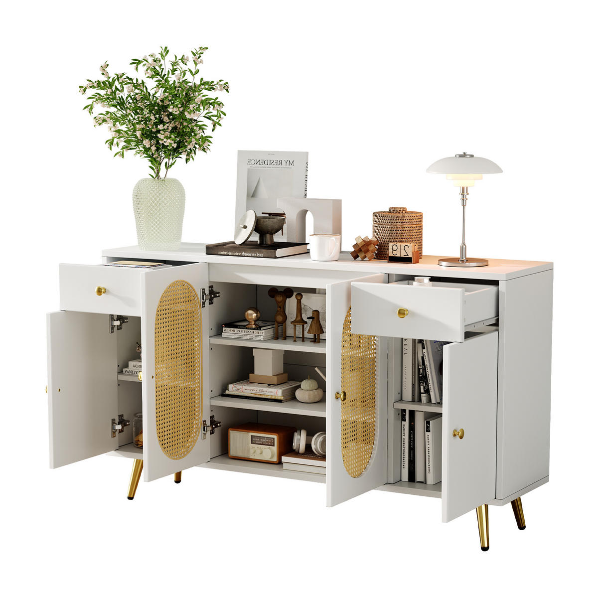 KOMMODE Sideboard 4 Türen Weiß Natur 140x35x82cm - Multicolor, Holzwerkstoff (35/82/140cm) - FLIEKS