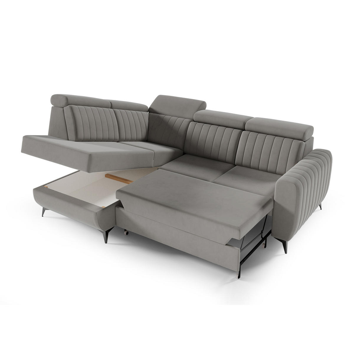 ECKSCHLAFSOFA Connor II verstellbare Kopfstützen, Dunkelbeige, links - Beige/Schwarz, Textil (268/204cm) - Beautysofa