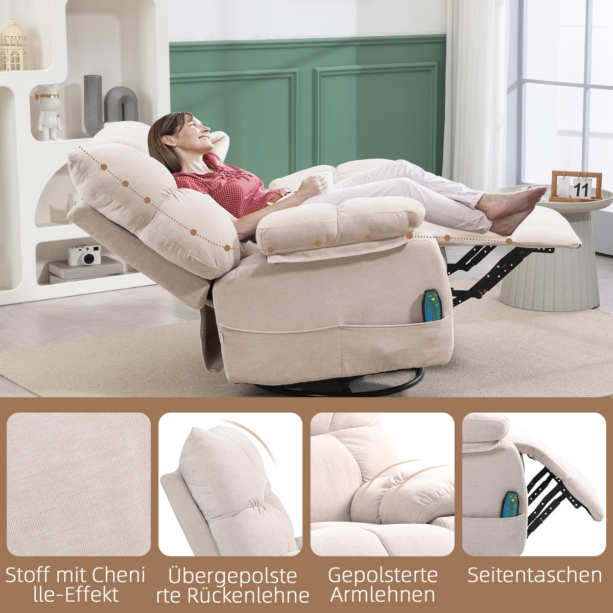 RELAXSESSEL mit Massagefunktion, Elektrisch Fernsehsessel mit Wärmfunktion - Beige/Schwarz, Textil/Metall (90/98/98cm) - HOMCOM